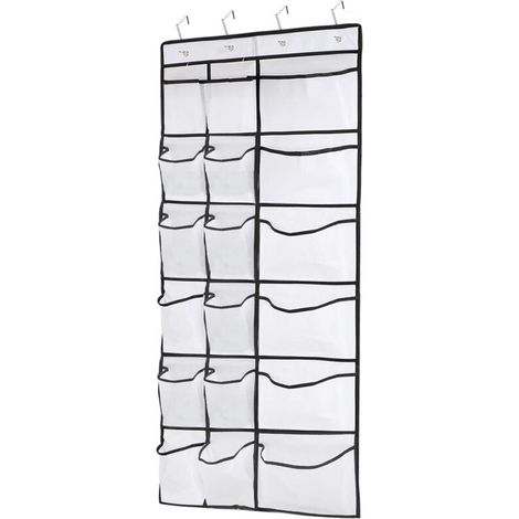 Étagère à chaussures à fixer derrière porte 12 poches filet + 6 grands compartiments rangement filet 4 crochets inclus multi-usage (1/5)