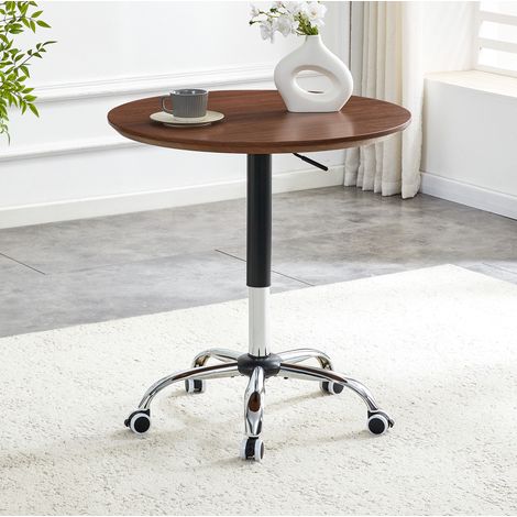 Table réglable en hauteur MDF noyer et métal chromé, Ø 70 cm, ronde avec roulettes (1/5)