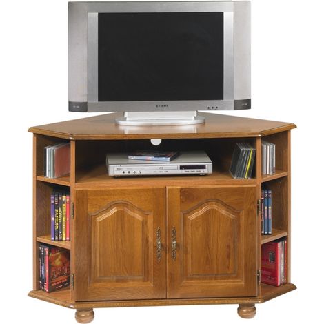 Meuble TV d'Angle 42 Pouces Chêne 9 Niches 2 Portes L 114 H 77 P 77 cm