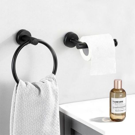 Porte-rouleau de papier toilette et anneau porte-serviette 2 accessoires de salle de bain acier inoxydable noir mat Odipie (1/5)