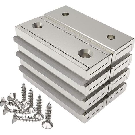 8 pièces Aimants rectangulaires 20 KG force 40 x 13,5 x 5 mm avec trou fraisé et capsule, aimant en pot ménager et industriel avec vis (1/5)