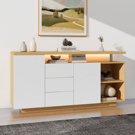 Buffet 140 cm - 2 portes, 3 tiroirs, 2 compartiments ouverts - avec éclairage LED - Blanc+Naturel