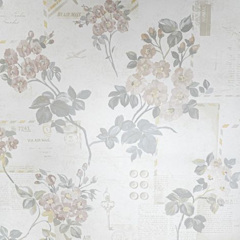 Cream Beige Floral Wallpaper Postcards Stamps Words Buttons Keys Paste The Paper (1/5)