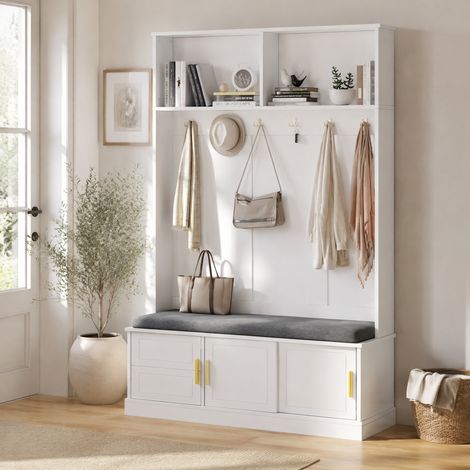 MEUBLIV Perchero de entrada 120x40x191 cm blanco – 6 ganchos, con banco (1/5)