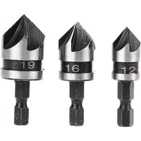 3pcs 90 Degrés 5 Flûte Fraises à Chanfreiner Set Pour Bois, Métal Changement Rapide 1/4" Hex Foret à Chanfreiner en Acier au Carbone Outil de Coupe de Chanfreinage de Bois 12/16/19mm (1/4)