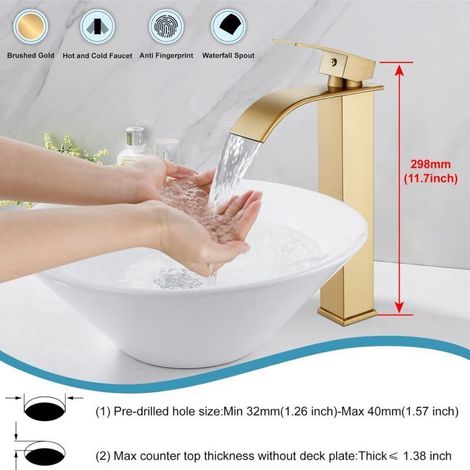 Robinet de salle de bain à bec cascade, poignée unique, 1 trou, pour lavabo de camping-car moderne, avec tuyau d'arrosage, corps haut, or brossé (1/5)
