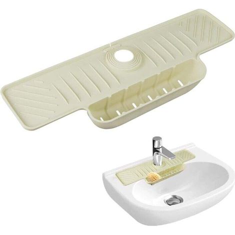 Narrow silicone sink drain mat, with collection tray and splash guard, beige. (1/4)