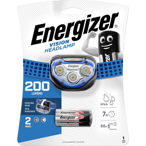 Energizer - Frontal deportivo de 200 lúmenes funciona con 3 pilas AAA, interruptor deslizante de encedido y apagado, dos modos de iluminación intenso y suave [Clase de eficiencia energética A]