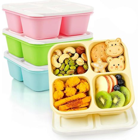 Boîtes à lunch Bento adultes - Lot de 4, 4 compartiments réutilisables empilables sans BPA, couleurs rose vert jaune vert gazon (1/5)
