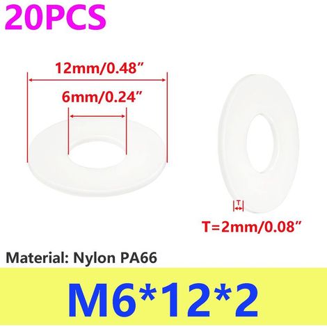 20 Stück weiße Nylon-Unterlegscheiben, M6x12mm Kunststoff-Unterlegscheiben, Flachscheiben, runde Distanzscheiben (1/5)