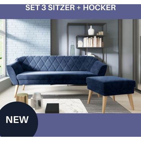Couchgarnitur 3 Sitzer Sofa + Hocker hohe Holzbeine moderne Steppung Sofa mit Hocker Samt Velour (1/5)