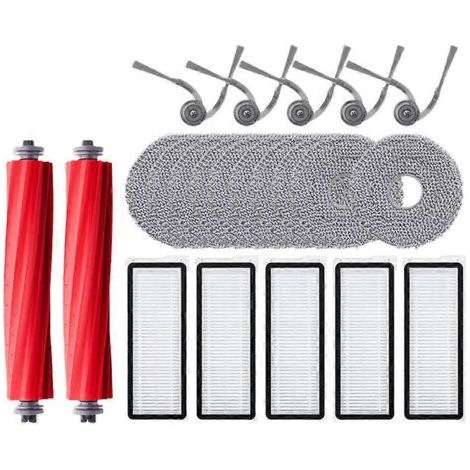 Pièces de rechange pour aspirateur robot Roborock QR 798 / QR 598 : brosse principale, lingette de nettoyage, filtre HEPA et sac à poussière.