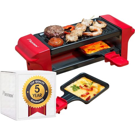 Appareil a raclette, Mini Grill pour 1 à 2 personnes, avec 2 poêlons et 2 spatules, avec revêtement antiadhésif, 350 Watts, couleur: Rouge/Noir (1/2)
