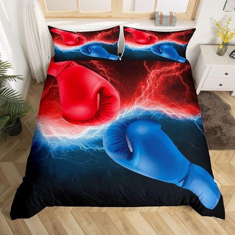 Housse de Couette de Boxe pour Adultes Ados Garçons Jeu de Compétition Boxe Ensemble de Literie 240 x 260 Housse Couette Rouge et Bleue À Motifs D'Éclairs Parure de Lit Imprimé Gants de Boxe - 240x260 (1/5)