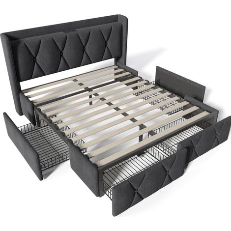 Letto imbottito 160x200 cm con 4 cassetti, USB e prese, grigio MODENUIT (1/5)
