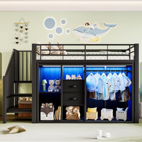 Cama alta 90x200 con cajones, LED y almacenaje negra OKMYHOME (1/5)