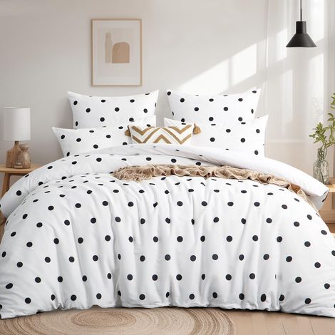 Parure de lit 155x220 2 pièces, Housse de couette 155x220cm avec 1 taie d'oreiller 80x80 cm, Ensemble de literie en microfibre motif à pois blanc, Housse de couette sans repassage (1/5)