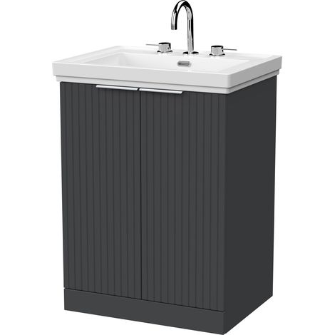 Callingwood Contemporary Floor Standing 2 Door Vanity Unit with Traditional 3 Tap Hole Fireclay Basin , 600mm, Dark Grey (1/4)