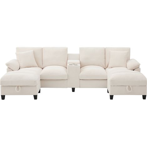 Divano a U 4 posti con contenitore, velluto a coste beige, portabicchieri, 2 USB, HOMVRA (1/5)
