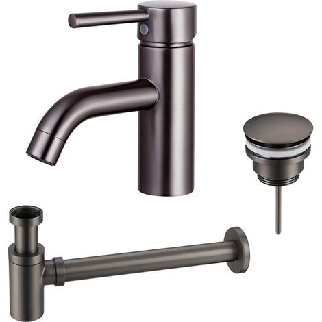Fortifura Calvi Kit mitigeur lavabo - robinet bas - bonde clic clac - siphon design bas - PVD Gunmetal