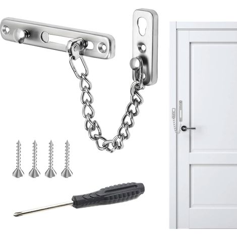 Chaîne de porte sans perçage, chaîne de porte en acier inoxydable, chaîne de porte pour porte d'entrée, (1 chaîne antivol, 4 vis, 1 tournevis), 6 pièces au total, pour maison (1/5)