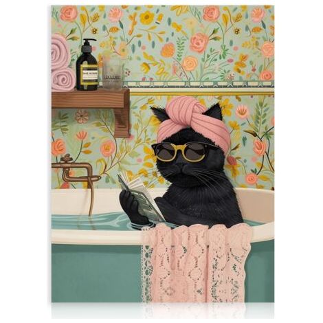Décor Murale Chat Noir Drôle, Chat Mignon dans la Baignoire pour Salle de Bain Toilettes 30×40 cm Non Encadré (1/5)