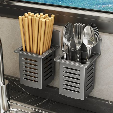 Cestino per bacchette in acciaio inossidabile per utensili da cucina, montaggio a parete grigio scuro, 15,49,69,6 cm (1/4)