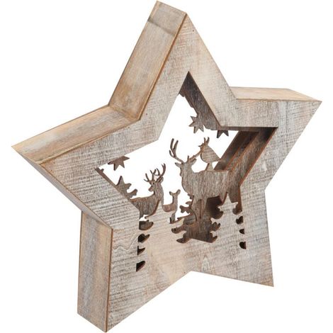 Decoración luminosa con estrella de madera de 10 LED y reno, 24 cm. (1/4)