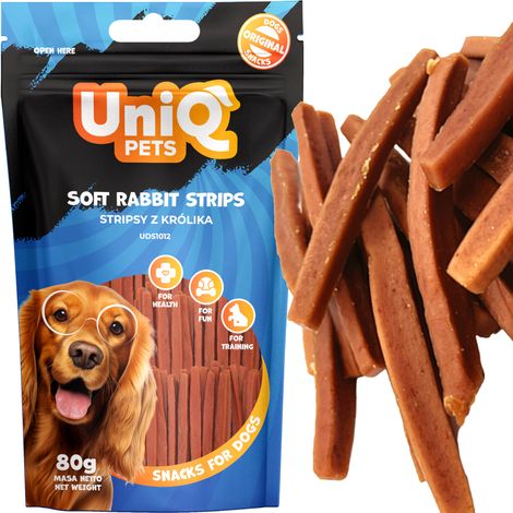 Delikatesse, Snack für Hunde: UniQ Pets Kaninchenstreifen 80 g