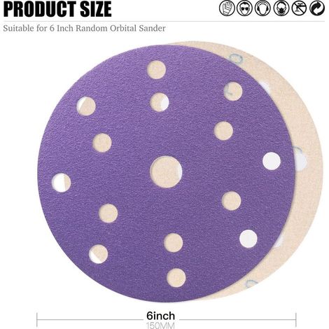 Lot de 50 — Disques de ponage de 150 mm, grain 120 — Perforation orbitale ronde à 15 trous adaptés pour la peinture automobile, le bois et le métal. (1/4)