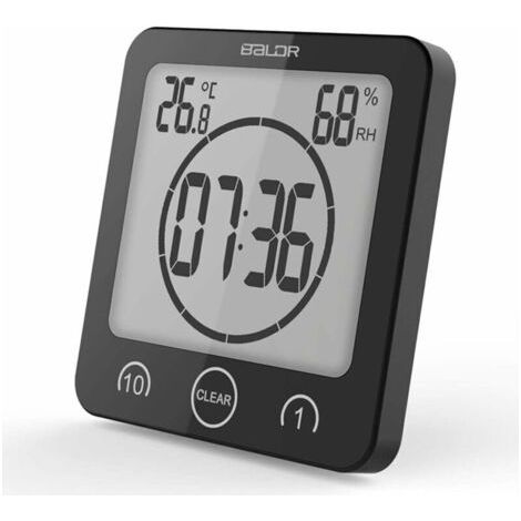 Digitale Badezimmer-Wanduhr mit Wecker, spritzwassergeschützt, Touchscreen, Temperatur- und Feuchtigkeitsanzeige, Saugnapf-Aufhängeöse (schwarz)