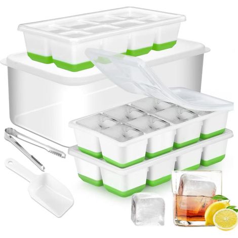 Ensemble de 3 moules à glaçons en silicone, bac à glaçons carré, avec pince à glaçons, pelle à glaçons et boîte de rangement, vert. (1/5)