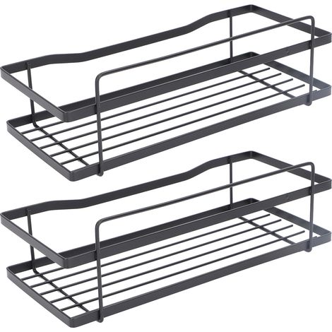 Wandorganizer für Bad und Küche, Edelstahl, selbstklebend, Kohlenstoffstahl, Duschablagen mit Haken, Schwarz (1/5)