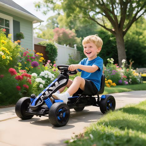 Kart avec pédales - châssis métallique - voiture à pédales pour enfants avec frein - bleu - 3 à 6 ans - roues antidérapantes - Idéal