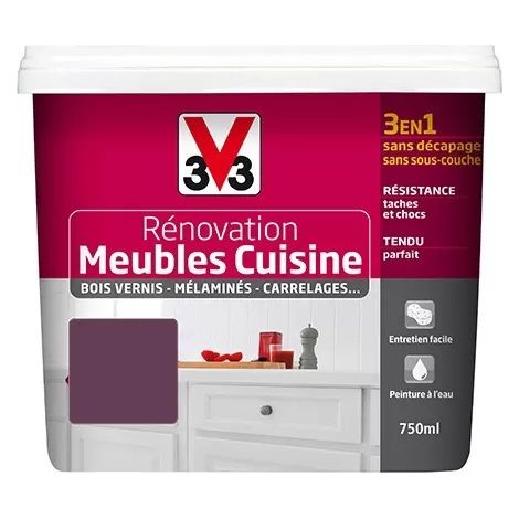 V33 – Peinture rénovation meubles cuisine satin cassis 0,75 L – Acrylique sans sous-couche – Résistante aux tâches et chocs – Lessivable (1/2)