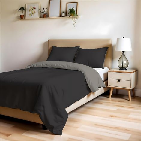 Housse de Couette Une Place et Demie, Uni Doubleface, Parure de Couette, avec Housse de Couette 200x200cm avec Rabat 50cm + 2 taies d'oreiller 50x80cm Chocolat/Sable (1/5)