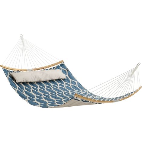 SONGMICS Amaca in Tessuto Trapuntato con Aste Curve in Bamboo Rimovibili, Cuscino, 200 x 140 cm, Capacità di Carico da 225 kg, Blu e Rombi Beige GDC034I02 (1/5)