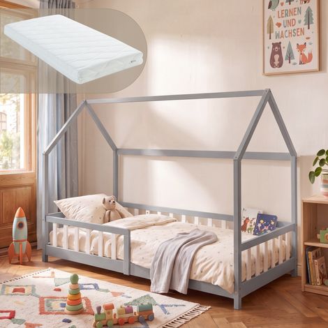 Letto Singolo Hesel per Cameretta Forma di Casetta con Materasso 90 x 200 cm Grigio [en.casa] (1/5)