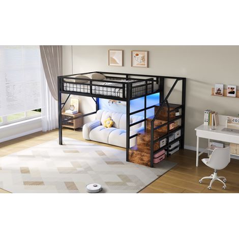 Cama alta de metal y MDF negra 140x200 cm con LED, escalera con almacenaje y somier incluido (1/5)