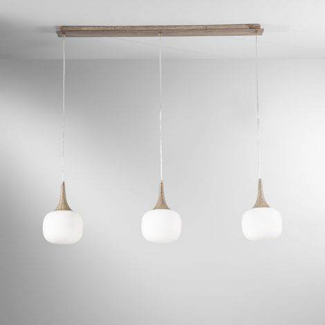 Lámpara colgante efecto madera 3 luces vidrio blanco opalino Jaipur