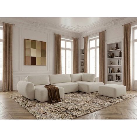 BOBOCHIC - Canapé panoramique convertible coffre DENISE tissu texturé avec pouf Angle gauche Blanc (1/5)