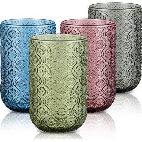Set of 4 Multicoloured Water Glasses, 410 ml Large Juice and Soda Glasses, Vintage Floral Embossed Drinking Glasses, Table Glass for Whiskey, Cocktail, Tea, Orange, Dishwasher Safe (1/5)