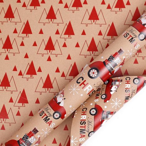 (0,43 x 3 mètres) Grand rouleau de papier cadeau de Noël, papier kraft vintage, impression recto verso.