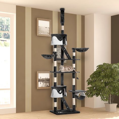 Deckenkratzbaum für Katzen mit verstellbarer Höhe (240–260 cm), mehrstufiger Kratzbaum mit Liegeflächen, Hängematten und Leitern, Sisalseile, Dunkelgrau und Weiß