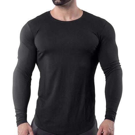 T-shirt homme col rond ajusté manches longues élastique séchage rapide coton mélangé fitness running noir XXXL (1/5)