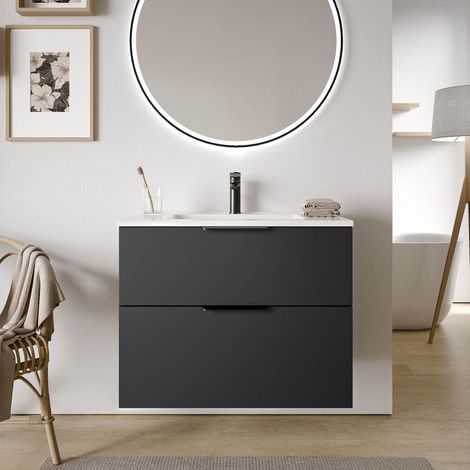 BERNSTEIN - Mobiletto bagno nero opaco 80x46x62cm (LxPxA) 2 cassetti, maniglie nero opaco - TIM80 Nero opaco, Nero opaco