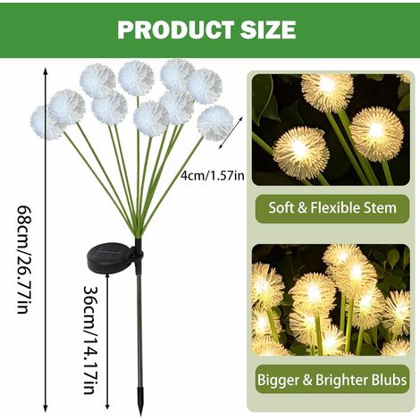 2 lampes solaires pissenlit 20 LED, 8 modes, blanc chaud, IP65, jardin/patio.