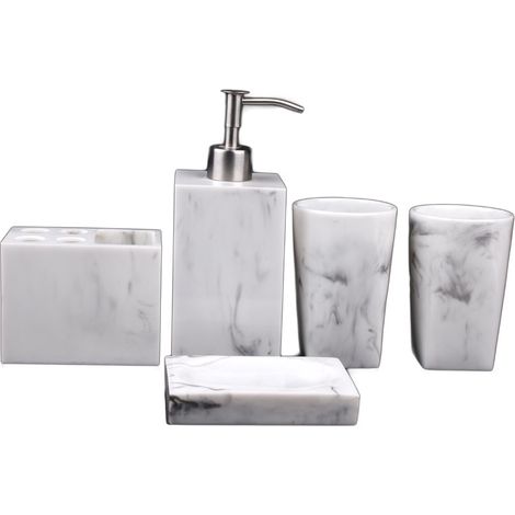 Accessoires salle de bain bambou céramique set 5 pièces résine (1/5)