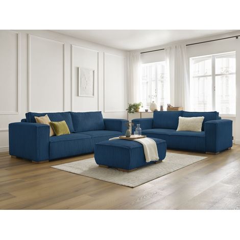 BOBOCHIC - Ensemble canapé droit fixe 3 + 2 places CHELSEA gros velours côtelé avec pouf   Bleu foncé (1/5)