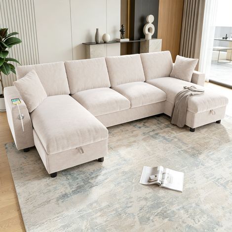 Seyakany Canapé d'angle en U,canapé modulable 4 Places avec port USB et port Type C,canapé en chenille avec méridiennes,rangement rabattableet,Beige